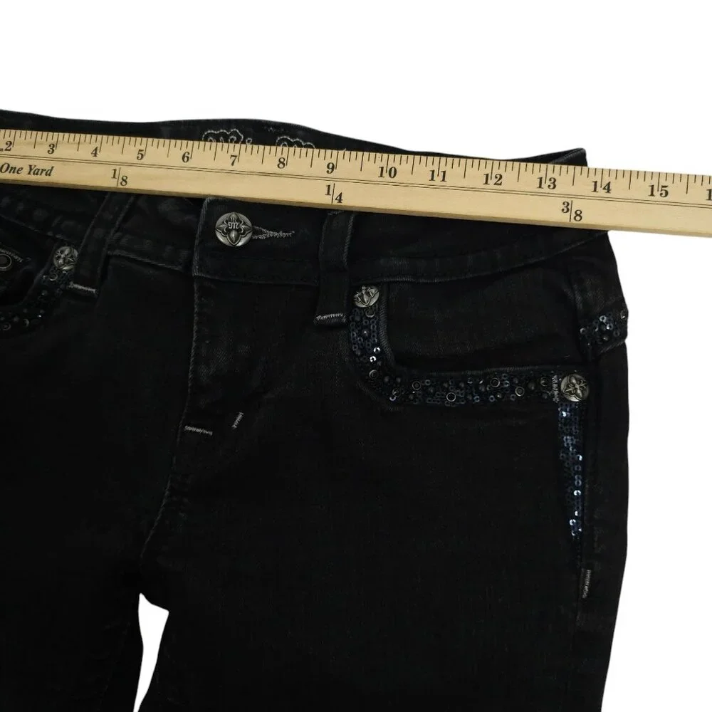 Miss Me Jeans Mid Rise Skinny Black Size 27 Stretch Studs Rhinestones Sequins - Picture 7 of 16